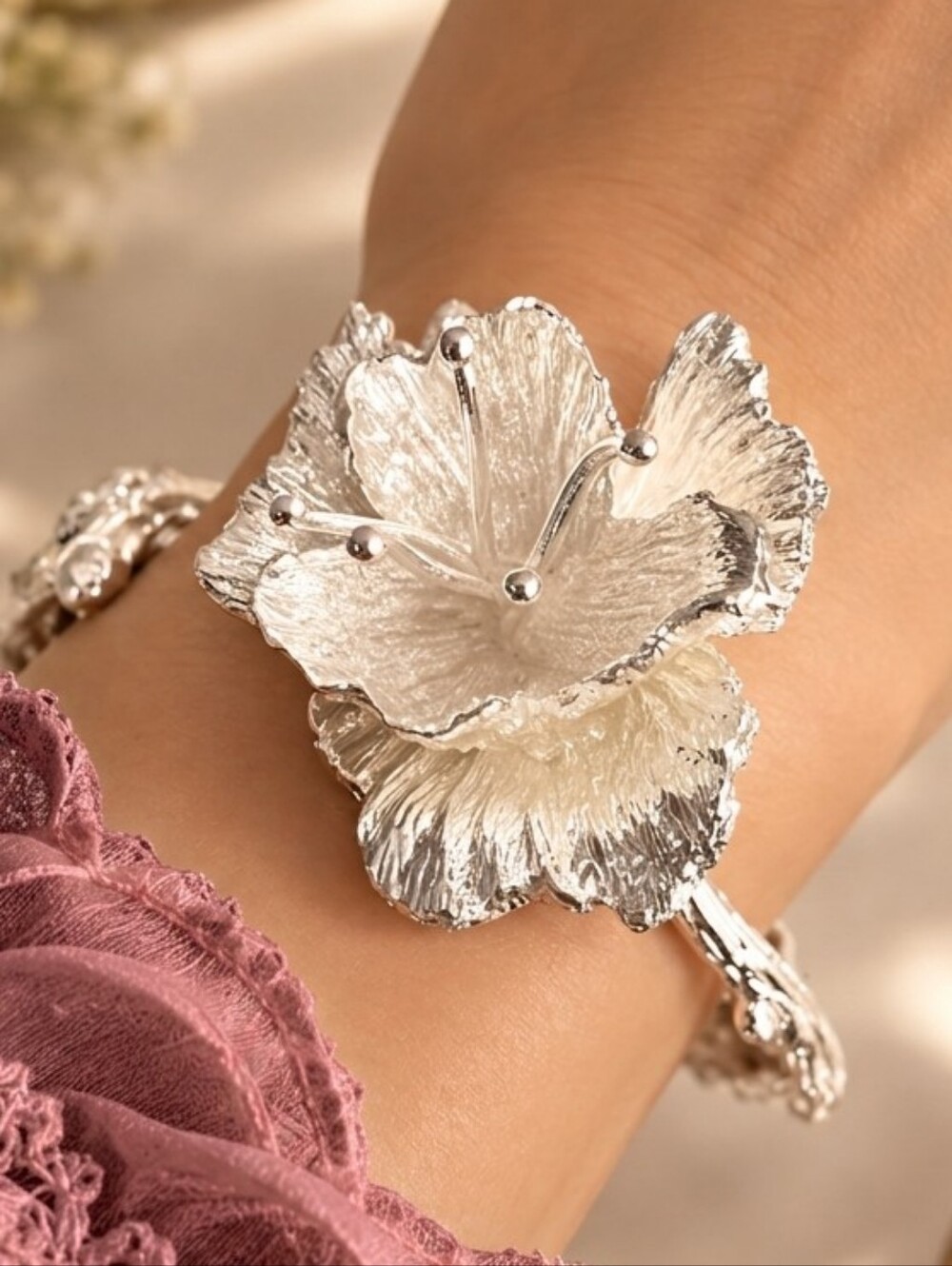 925 Silver Floral Statement Cuff Bracelet